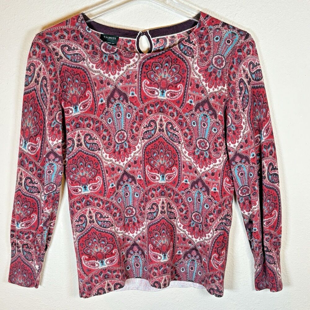 Talbots Womens L Red Paisley Long Sleeve Merino Wool Kint Sweater Classic‎